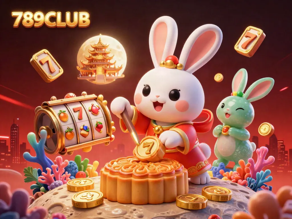 Engage the adventure at 789CLUB with a lively scene of a moon rabbit and treasures, bursting with casino excitement.