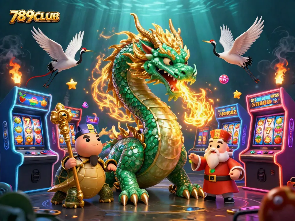 Experience thrilling gameplay with 789CLUB's vibrant casino scene featuring legendary creatures and arcade games.