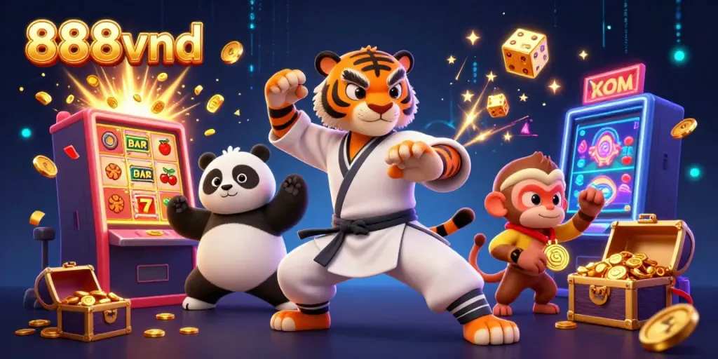 Experience thrilling 888vnd casino action with kung fu characters and vibrant game elements.
