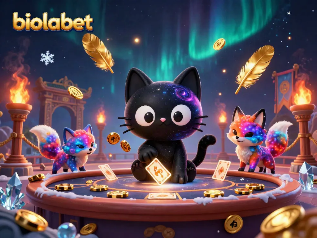 Engage with biolabet as a cute black hole cat attracts chips and cards in a cosmic casino.