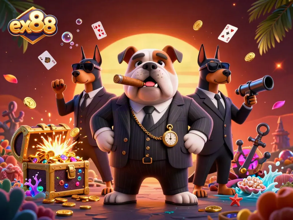 Engage with ex88's thrilling casino atmosphere featuring cartoon mafia characters and vibrant gaming elements.
