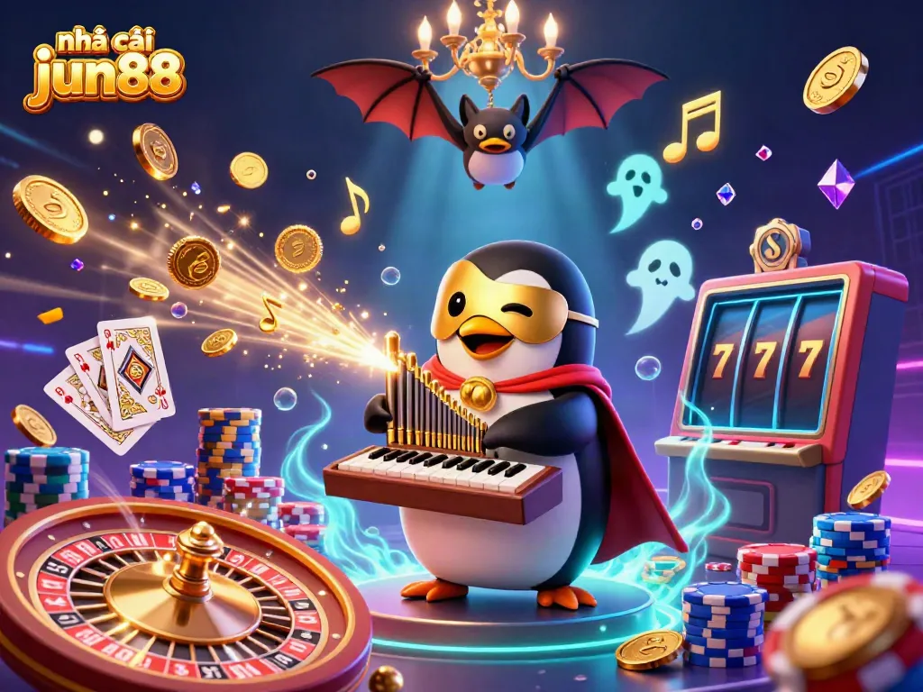 Experience the excitement of nhà cái jun88 with a vibrant 3D illustration featuring a whimsical penguin character amidst a casino scene.