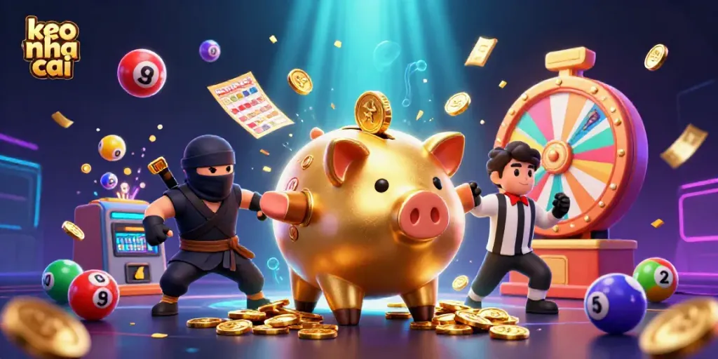 Engage in keo nha cai action with characters amid vibrant casino elements, showcasing lively gambling excitement.