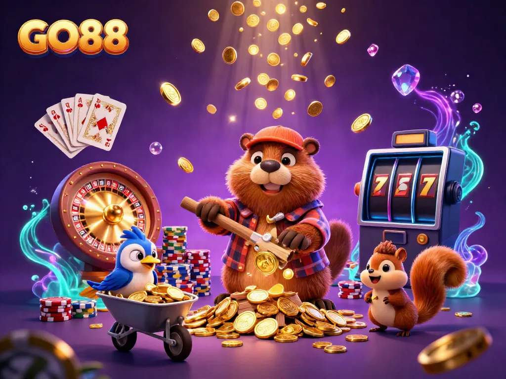 GO88 gaming experience with vibrant characters, gold coins, and casino elements in a dynamic scene.
