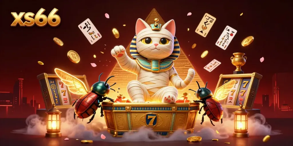 Experience the excitement of xs66 with a mummy cat emerging from a sarcophagus amidst vibrant casino elements.
