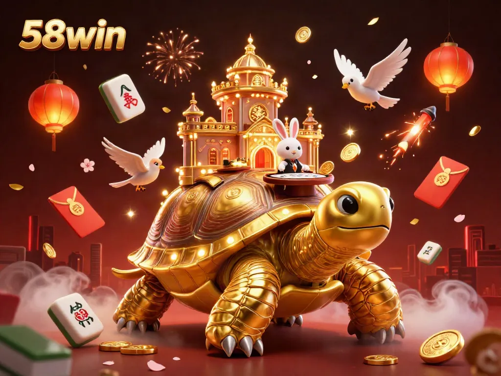 Experience thrilling gaming at 58win with a dynamic casino scene featuring a tortoise palace.