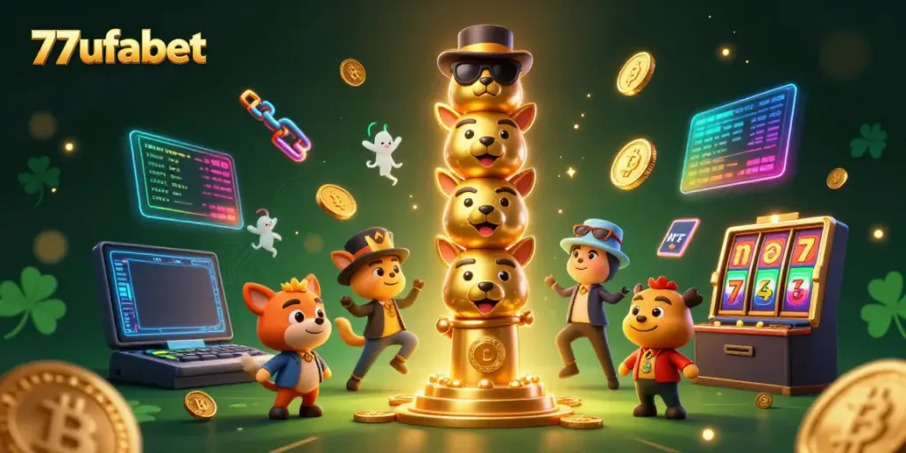 Win big with 77ufabet in an immersive, dynamic casino illustration featuring vibrant game elements.