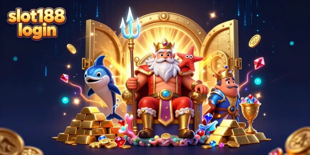 Permainan yang seru pada slot188 login dengan karakter pangeran laut dan perhiasan emas.