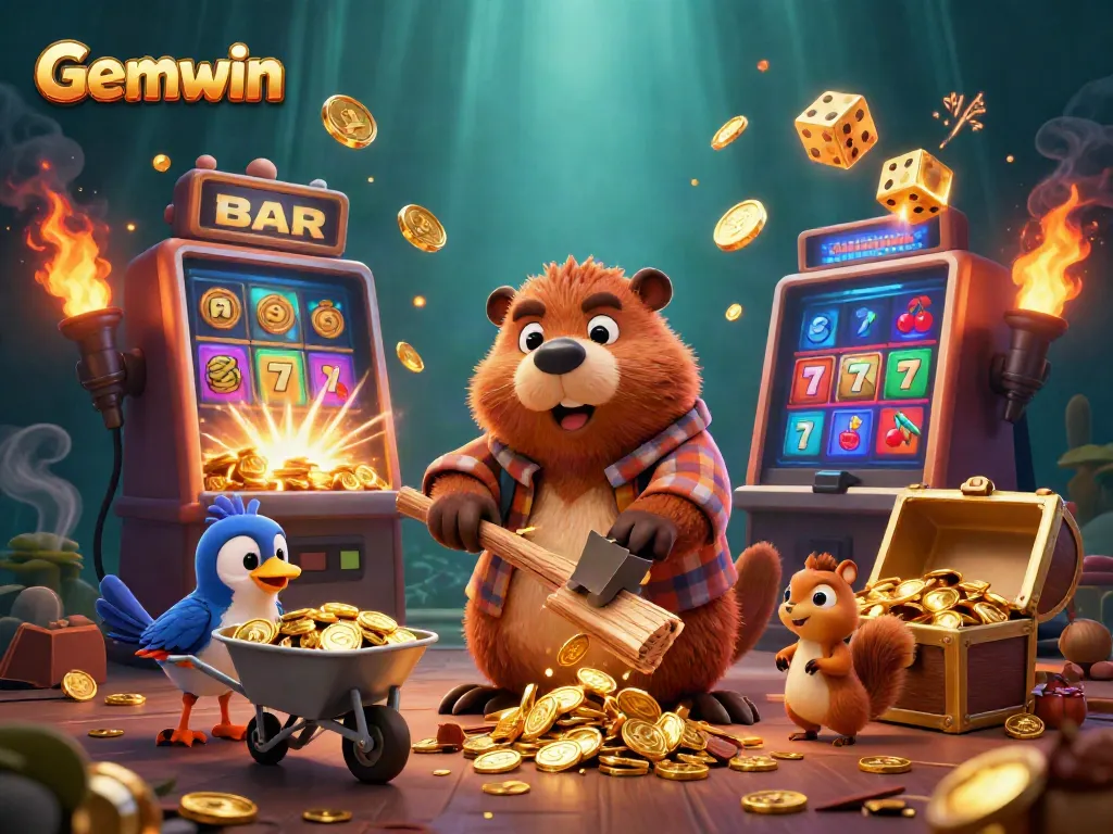 Experience thrilling gameplay at Gemwin with a cartoon beaver, coins, and slot machines.
