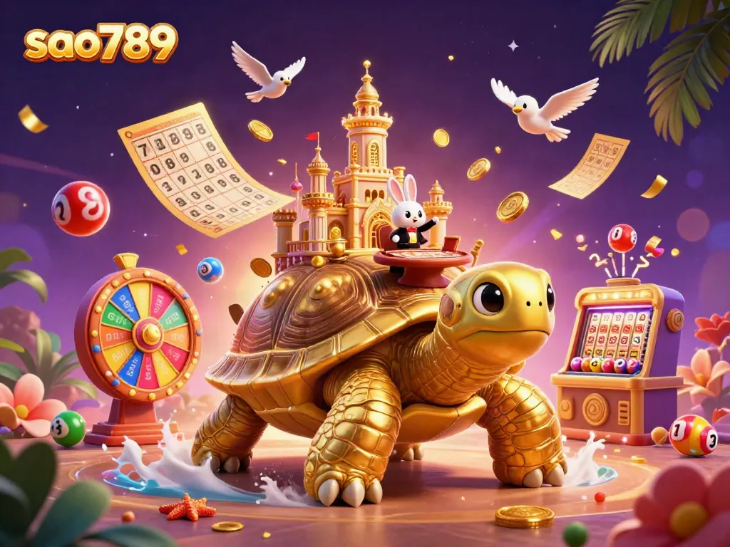 Play exciting games and win with sao789 in a colorful casino scene featuring a golden tortoise and dynamic elements.