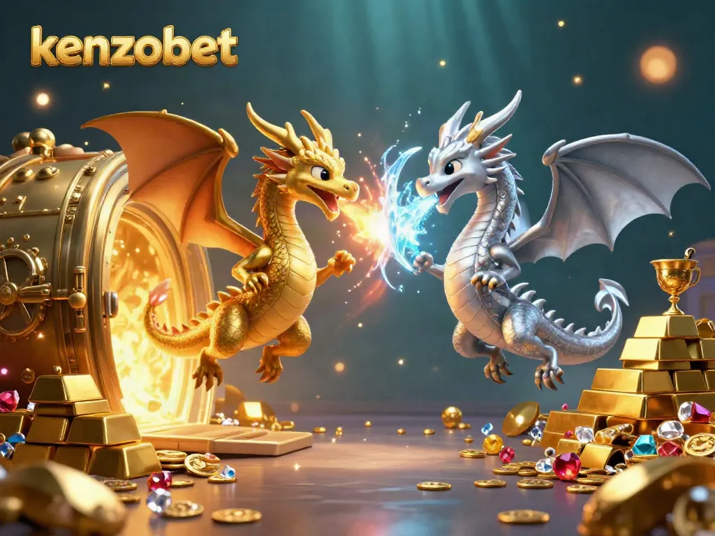 Experience the thrill of kenzobet with this enchanting scene of dragons and treasure amidst vibrant casino elements.