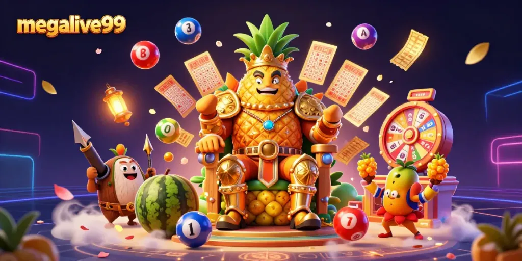 Mainkan megalive99 dalam ilustrasi 3D dengan raja nanas dan elemen kasino yang menarik.