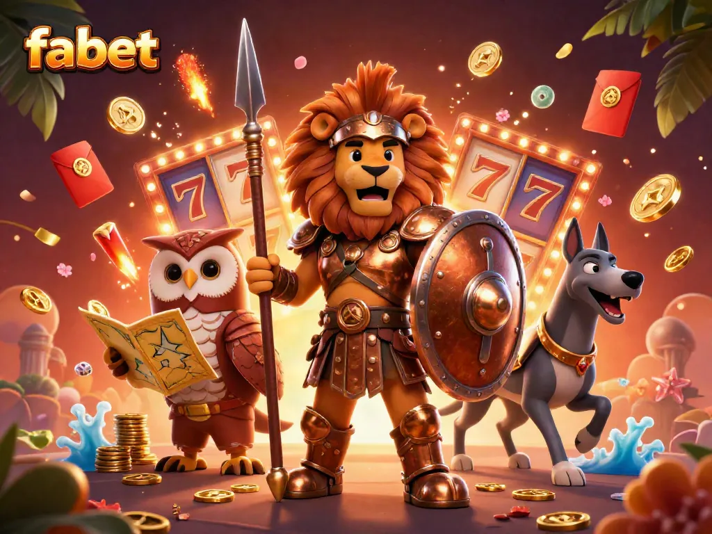 Experience the thrill of fabet with vibrant 3D cartoon characters celebrating big wins and spinning slot reels.