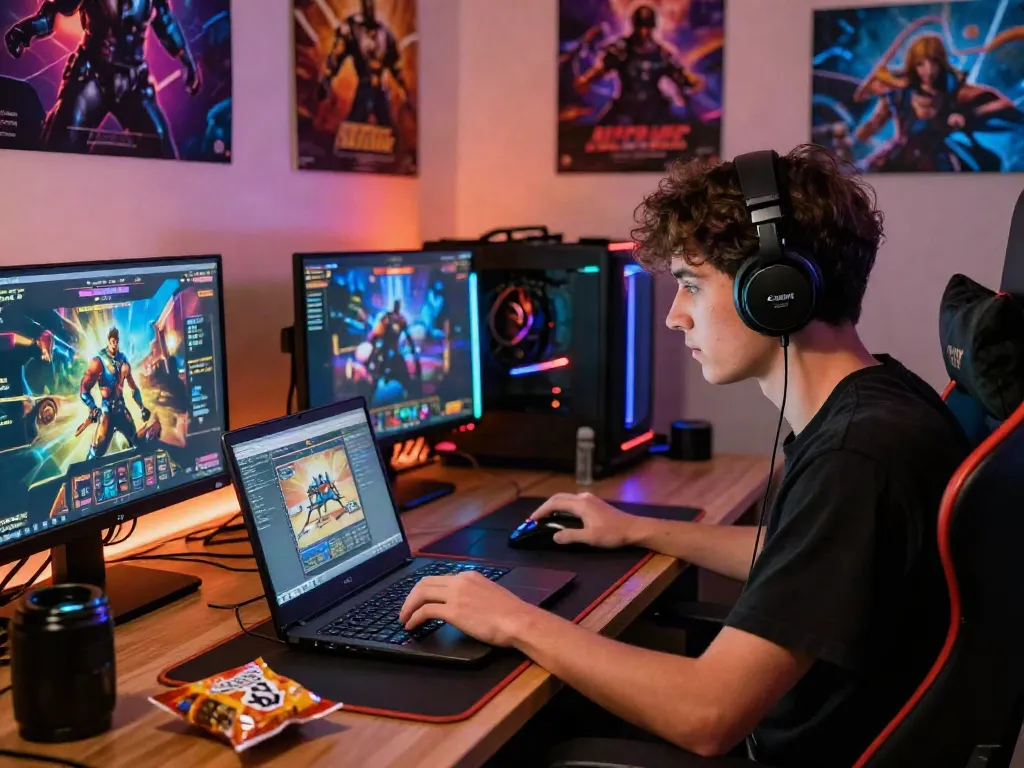 Player enjoying a slot game on a laptop, highlighting the server Thailand experience in a vibrant gaming setup.