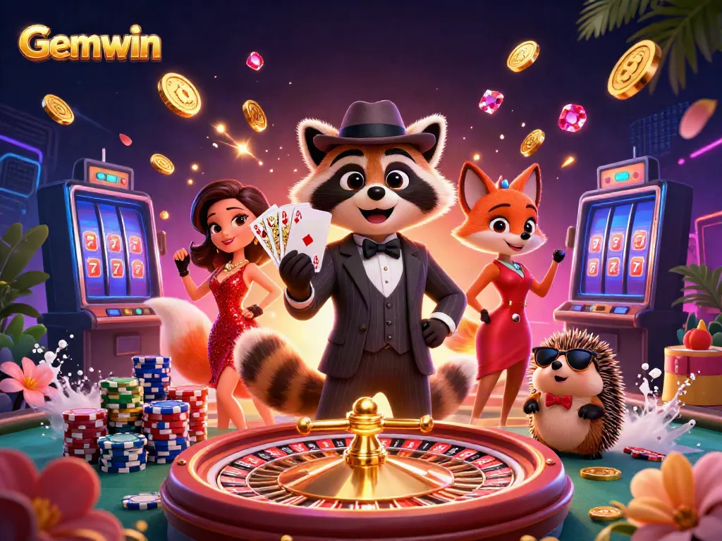 Engage with Gemwin's online gaming world through vibrant characters and casino elements.