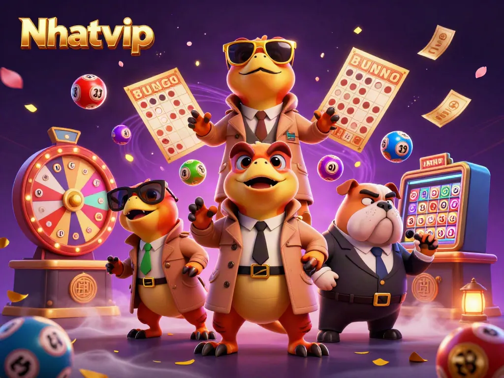 Nhatvip's raptors humorously attempt entry into a casino VIP lounge, surrounded by colorful lottery elements.