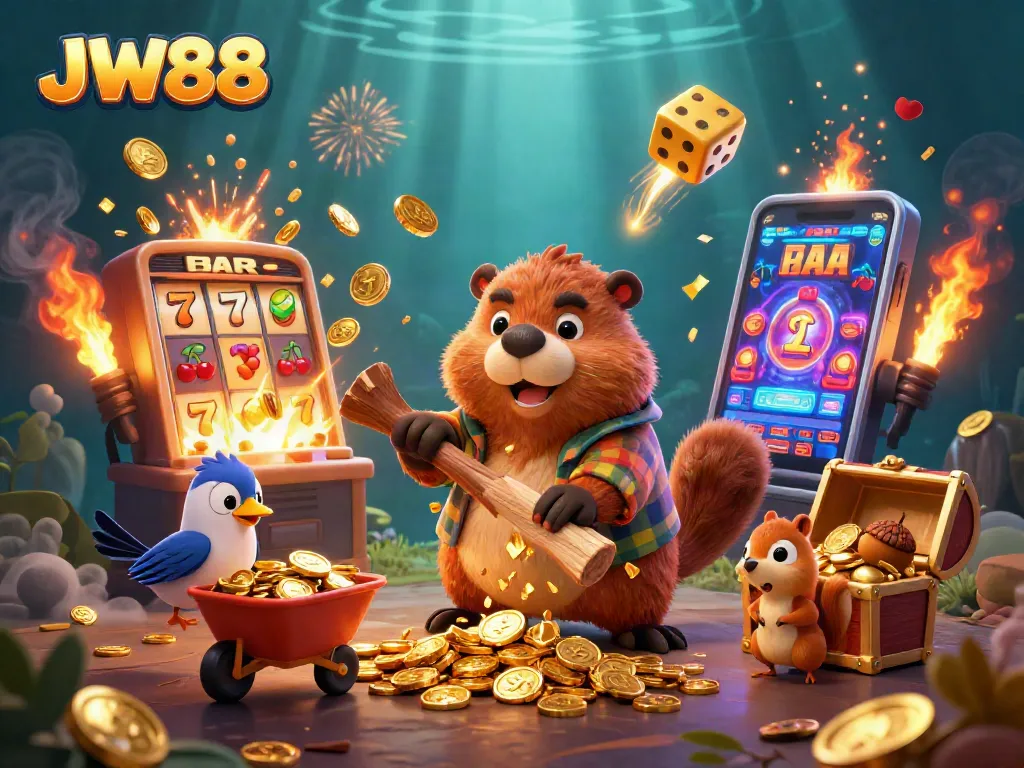 Experience the excitement of JW88 with dynamic casino elements and vibrant characters collecting treasure.