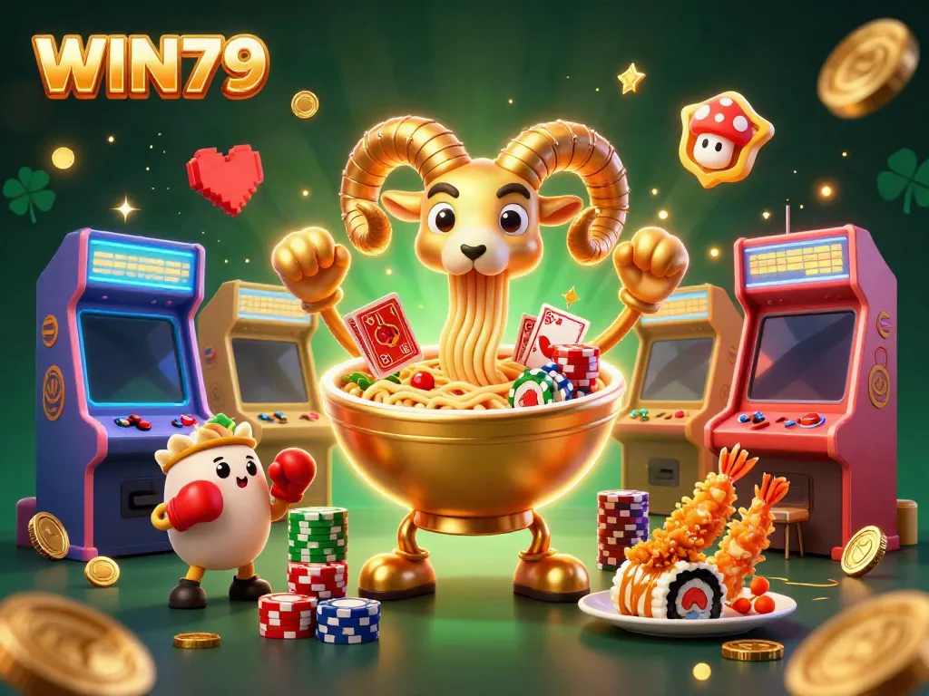 Engage with the dynamic WIN79 gaming scene featuring cartoon characters and vibrant casino elements.