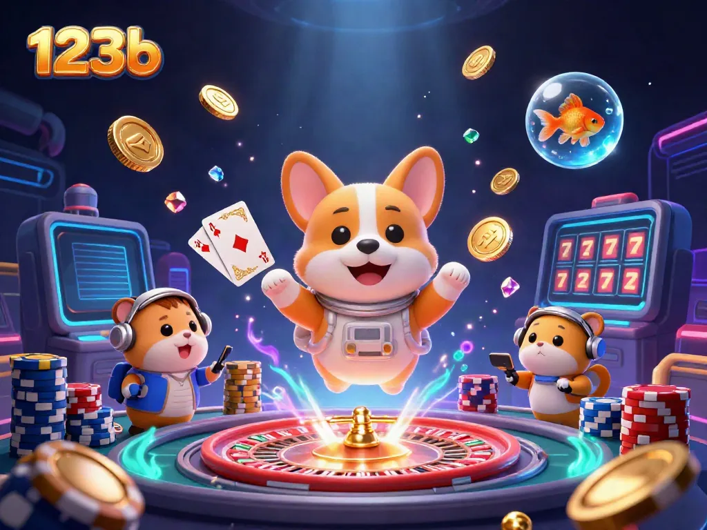 Experience thrilling casino gameplay at 123b with a floating 3D space scene featuring unique characters.