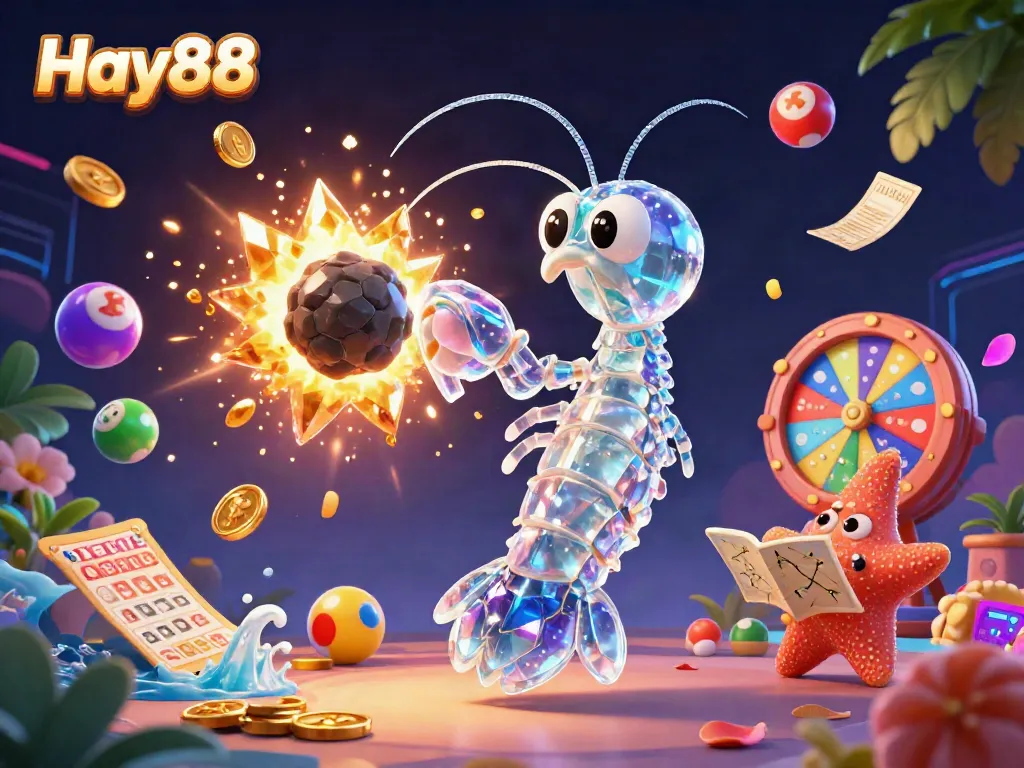 Experience the thrill of Hay88 with a galactic samurai mantis shrimp in a vibrant casino scene filled with colorful lottery elements.
