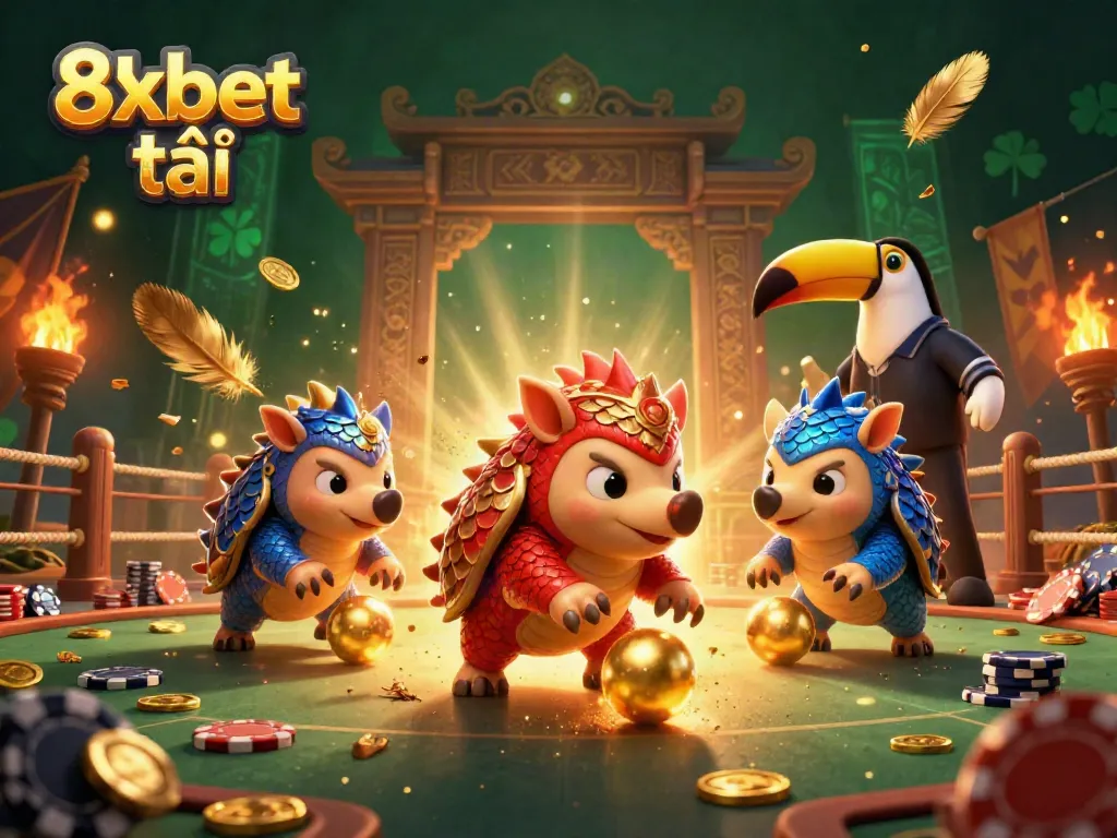 Engage in thrilling gameplay with 8xbet tải featuring dynamic pangolins in action amidst vibrant poker chips.