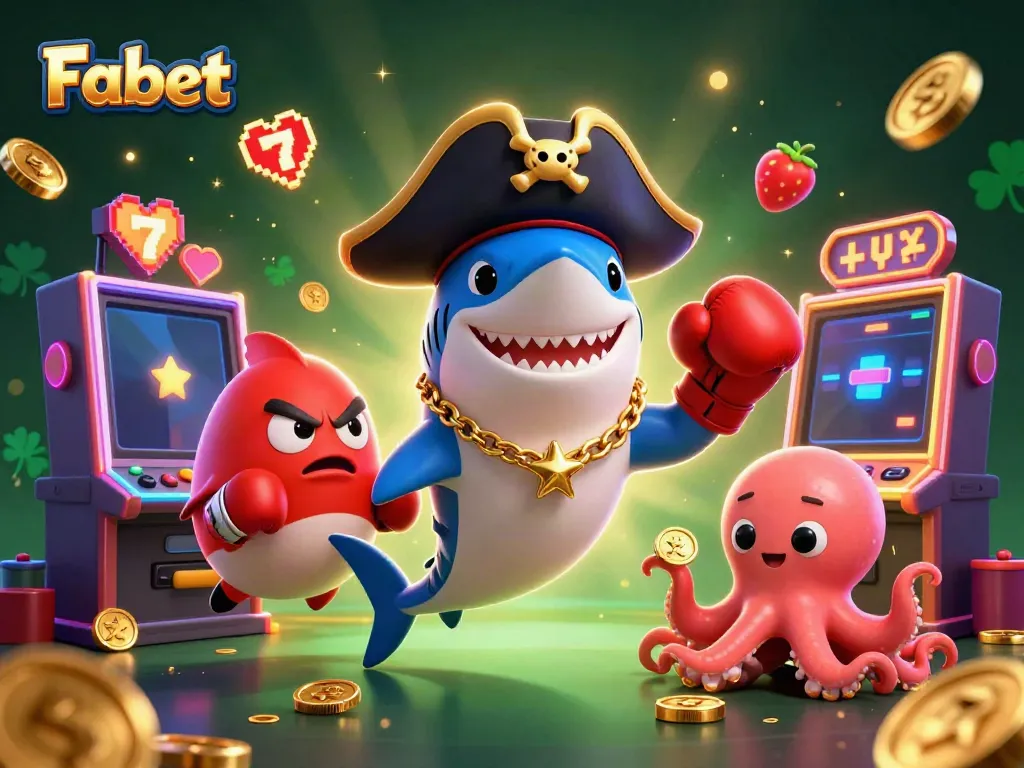 Engage with Fabet's thrilling casino games featuring vibrant characters and slot machines.