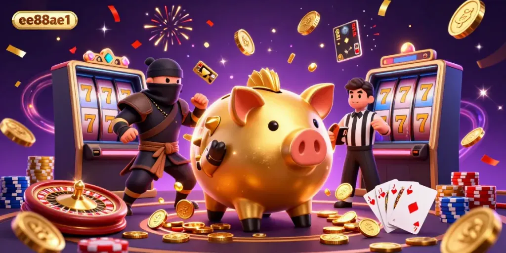 Experience thrilling gameplay at ee88ae1 with a dynamic 3D casino illustration featuring engaging characters and vibrant game symbols.
