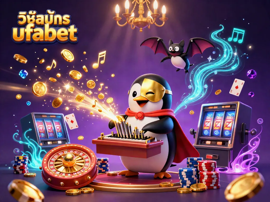 Experience วิธีสมัคร ufabet with a vibrant casino scene, showcasing a whimsical penguin organist and dazzling game elements.