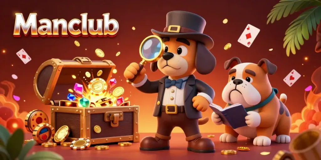 Manclub features a detective bloodhound examining poker chips amidst exciting casino elements including slot reels and gold treasures.
