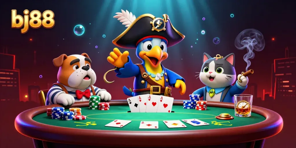 Place bets and win big with bj88 at this vibrant cartoon casino scene featuring poker elements.