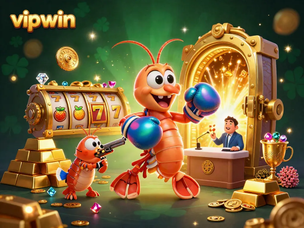 Experience excitement with vipwin's dynamic gambling scene featuring vibrant characters and casino symbols.