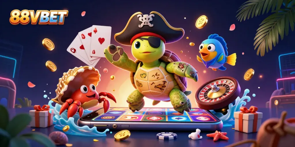 Experience thrilling wins with 88VBET in this vivid underwater gambling scene.