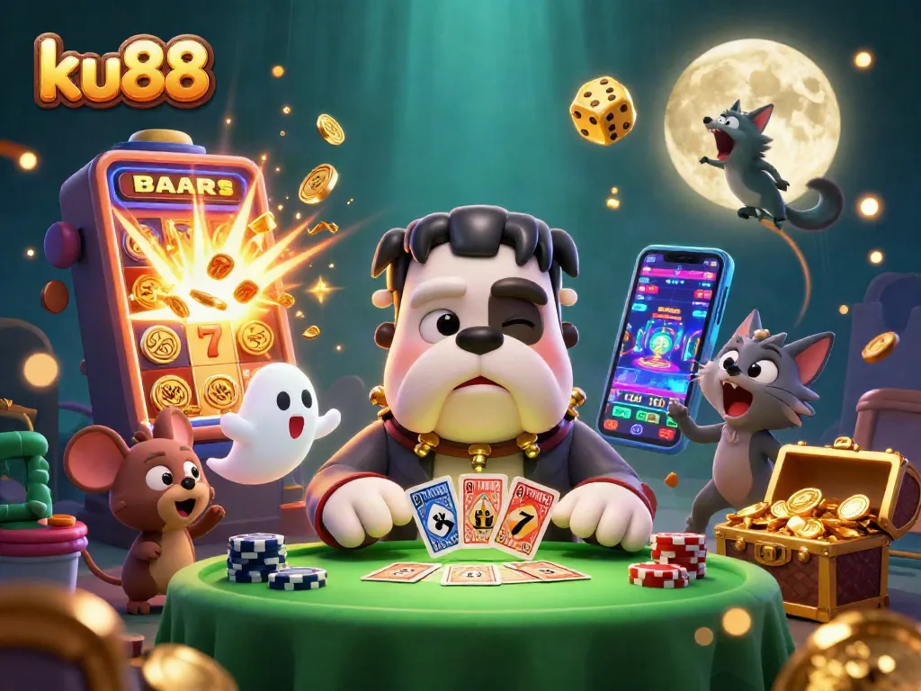 ku88 casino theme featuring a cartoon bulldog dealer and vibrant slot machine action.