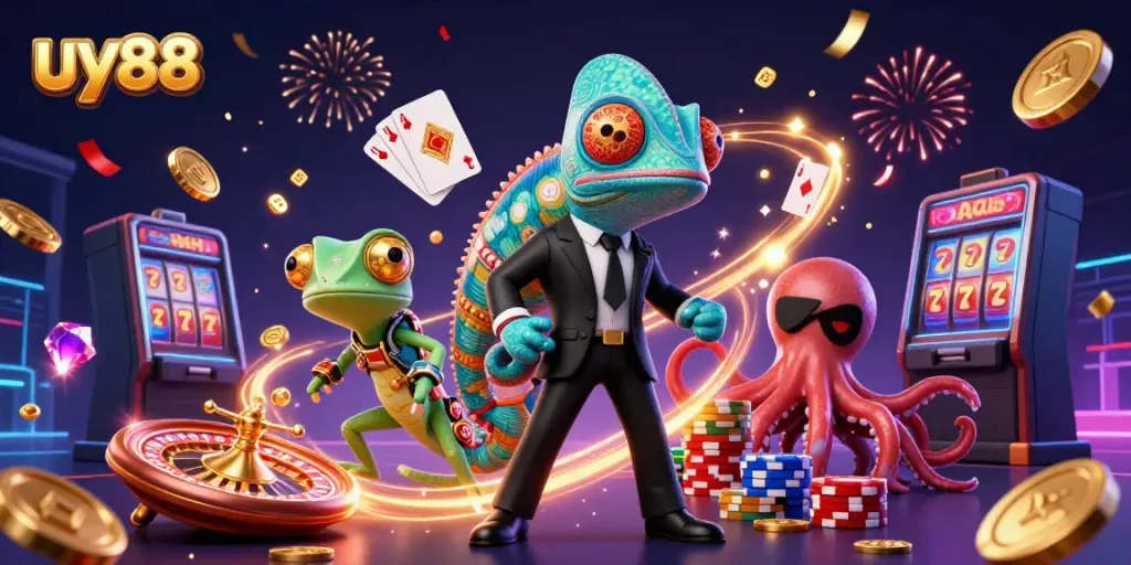 Experience exciting gameplay at uy88 with a vibrant casino scene featuring colorful characters and dynamic elements.