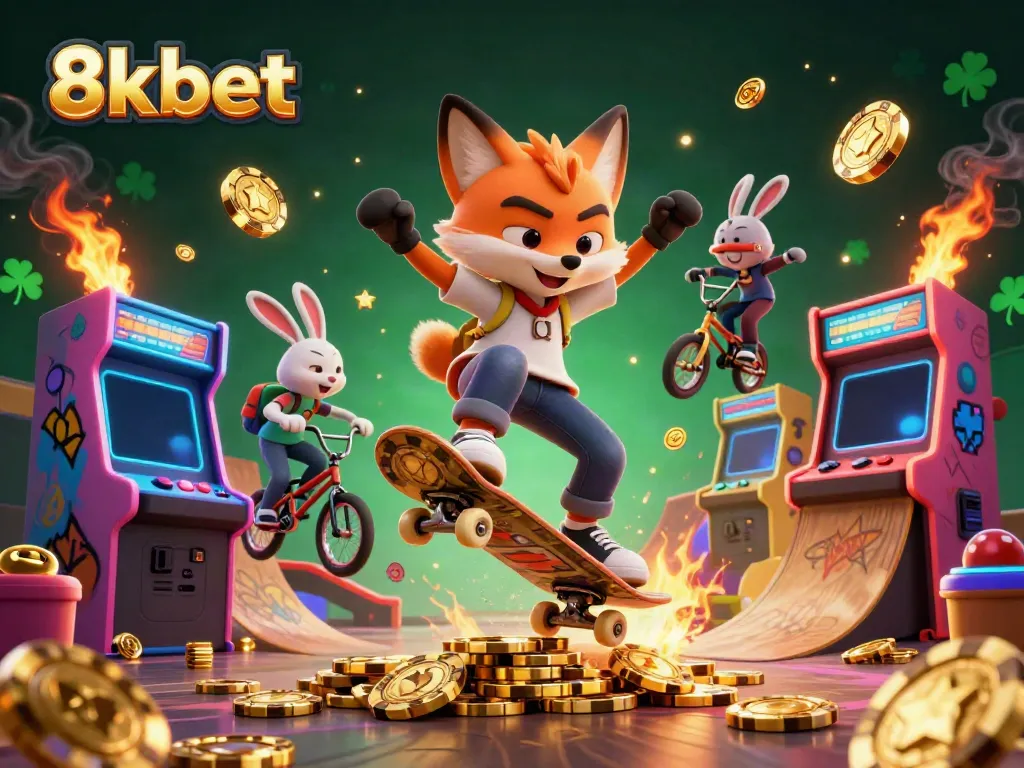 Experience thrilling gameplay and excitement at 8kbet as a fox performs stunts in a vibrant casino atmosphere.
