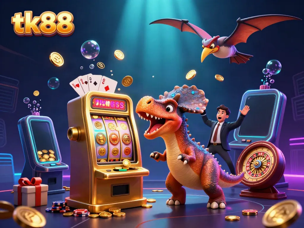 tk88 cartoon scene with dinosaurs engaging in casino excitement while jackpot coins fly