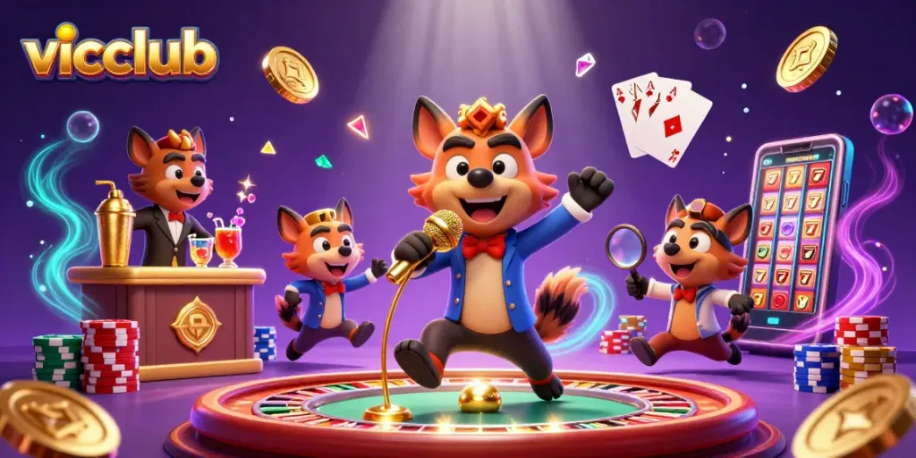 Enjoy the laughter at vicclub as hyenas animate a vibrant comedy casino scene.