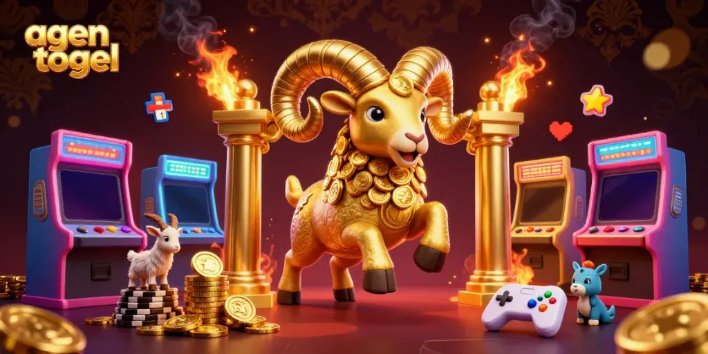 Menghadirkan agen togel dengan ilustrasi 3D kartun emas berlari menuju gerbang emas, dikelilingi elemen permainan kasino.