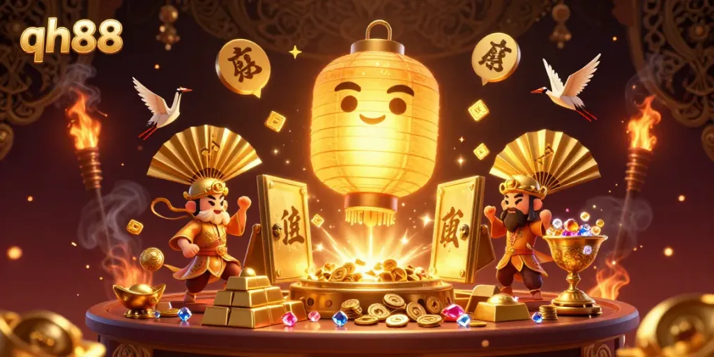 Experience the thrilling atmosphere of qh88 with a vibrant golden lantern spirit floating above casino treasures and lucky symbols.