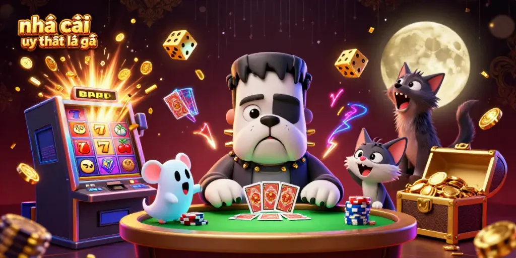 Engage with the vibrant scene of nhà cái uy tín là gì, illustrated by a lively bulldog dealer and a ghostly mouse.