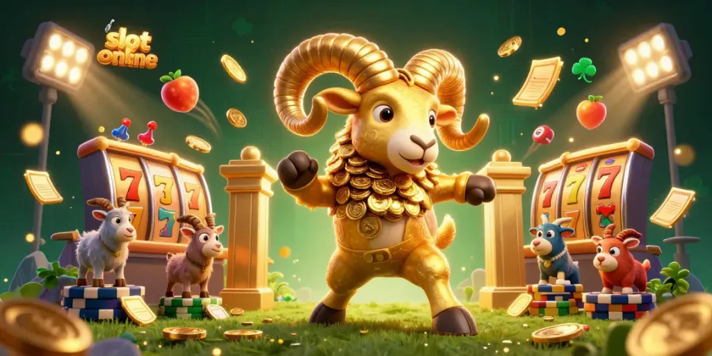 Experience the thrill of slot online games with dynamic visuals featuring golden ram and jackpot elements.