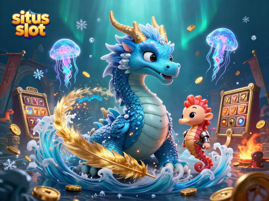 Engage with situs slot in a vibrant underwater scene featuring a magical dragon and seahorse warrior.