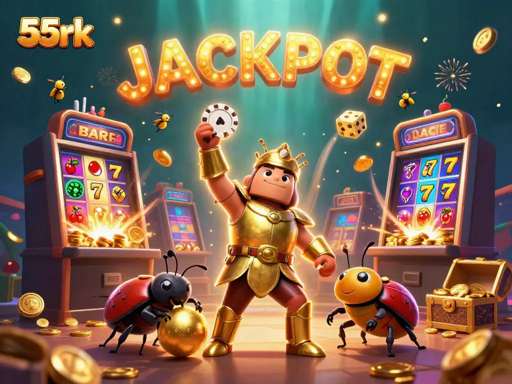 Experience excitement with 55rk as a victorious beetle raises a poker chip amid jackpot symbols.