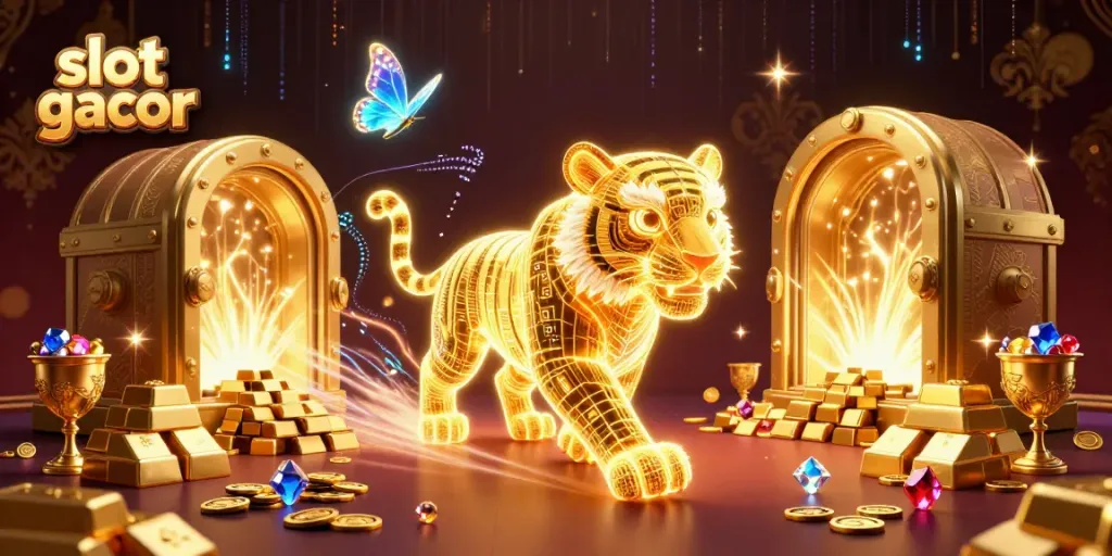 Menangkan slot gacor dengan gambar kucing emas berenergi di kasino digital yang megah.
