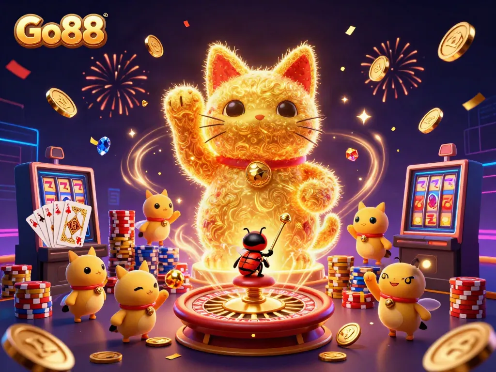 Experience the excitement of Go88 with a vibrant illustration of a lucky cat and casino elements.