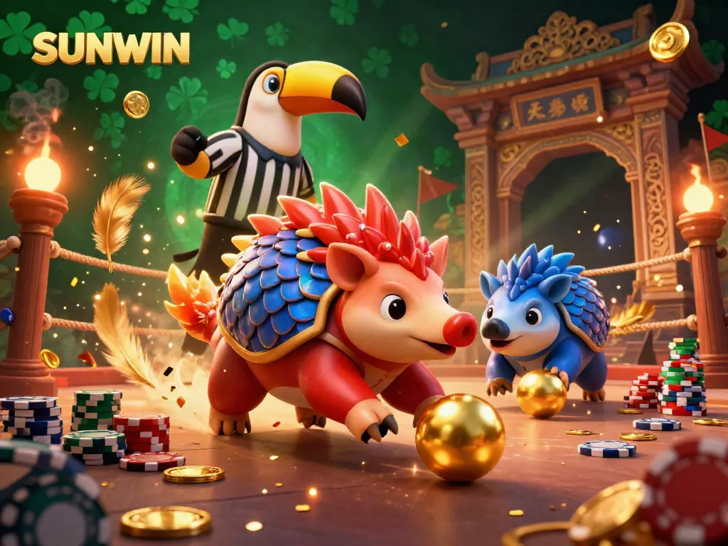 Game-themed illustration featuring SUNWIN with rival pangolins in action amidst poker chips and golden decorations.