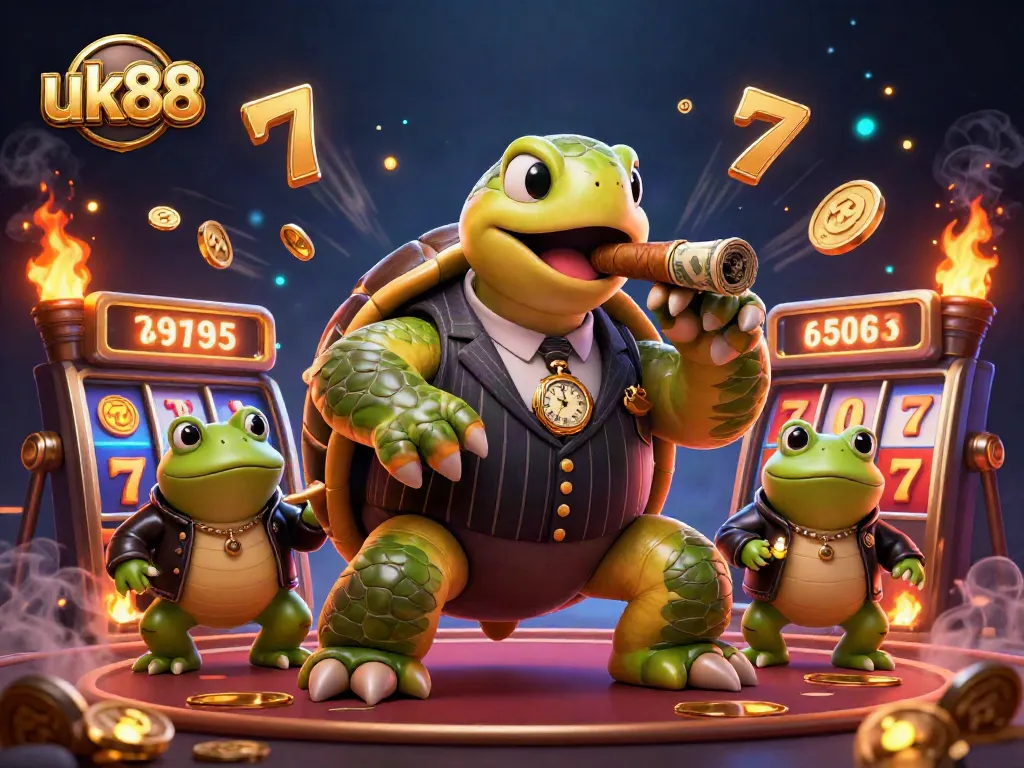 Experience the excitement of uk88 with a vibrant casino scene featuring a turtle in a mobster suit and slot reels.