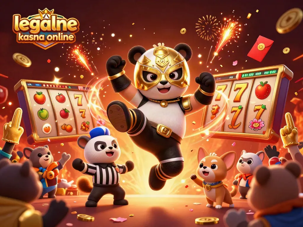 Experience the excitement of legalne kasyna online with a dynamic scene featuring a wrestling panda and cheering animals.