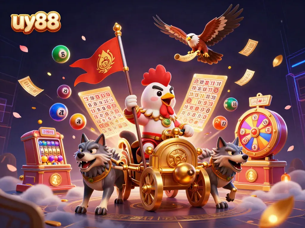 Experience the thrill of uy88 with a colorful lottery-themed 3D scene showcasing dynamic game elements.
