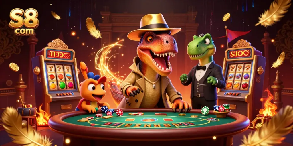 Play with excitement at S8 com's vibrant casino featuring a stealthy velociraptor card counter and chaotic blackjack table.